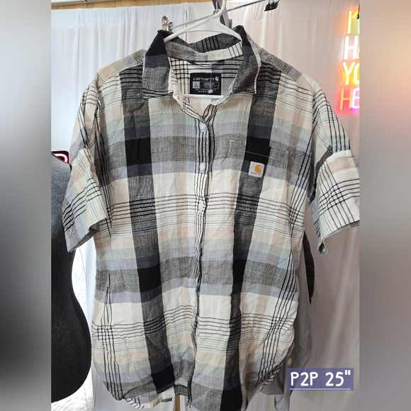 Carhartt Tops - Carhartt Women's Plaid Short Sleeve Shirt - Black and White, Lg 10-12